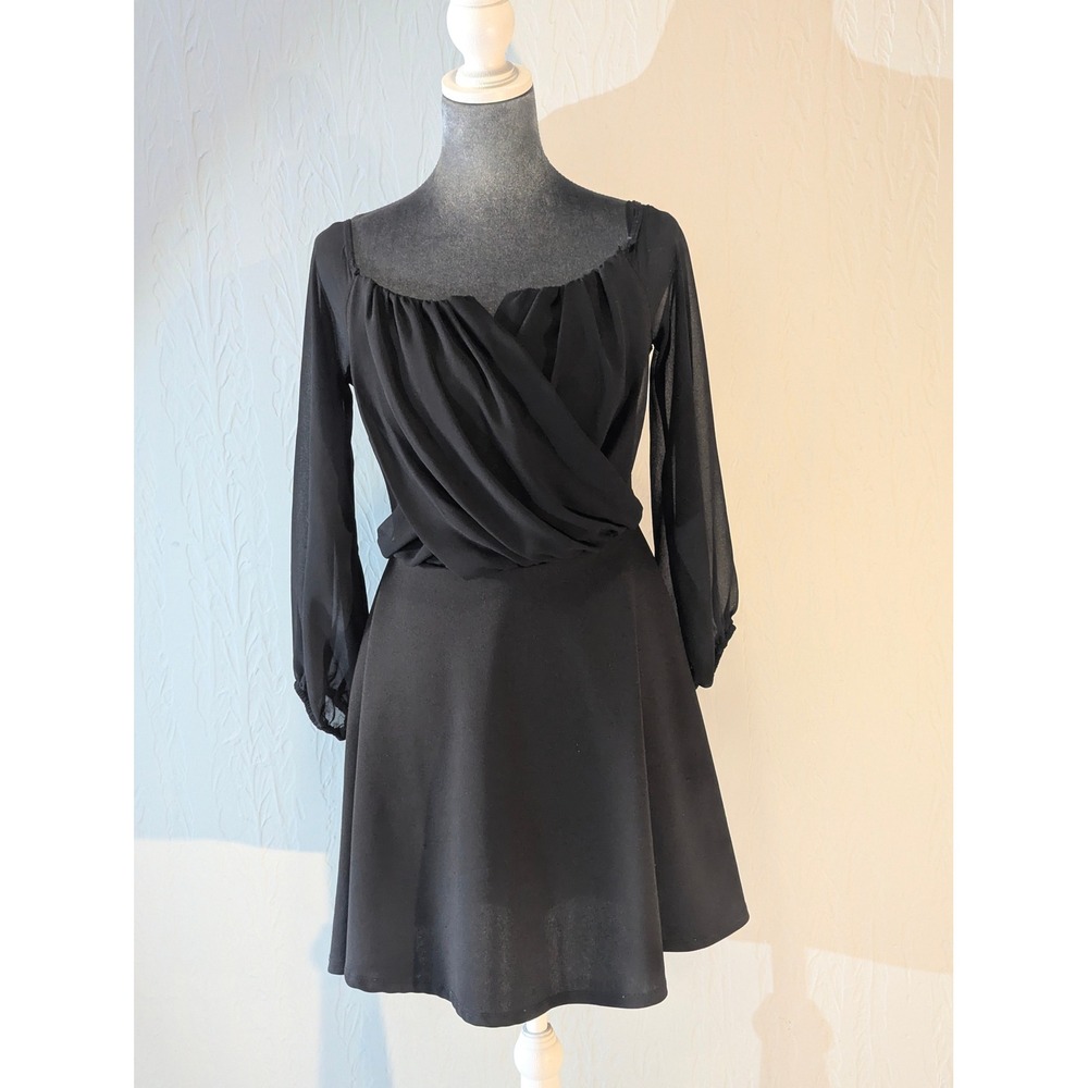 Top 10 USA Black Surplice Wrap Dress Sheer Long Sleeve Sweetheart Medium VTG